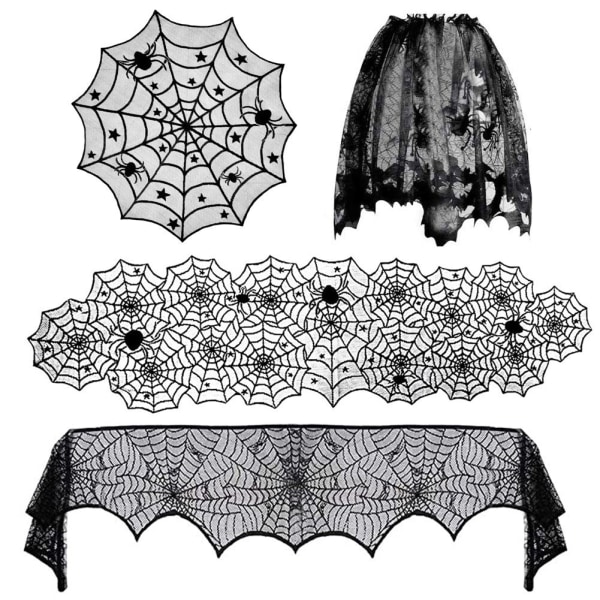Halloween Duk Bordsduk Spindelväv Eldstadshandduk Engångs Svart Spindelväv Lampskärm Dekorativ Bordslöpare Spökfestival Set D lampshade 50x153cm Black