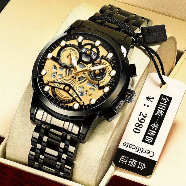 Herreklokke Shopee Hollow Helautomatisk Vanntett Klokke Selvlysende Quartz Klokke One Piece Black Shell black surface