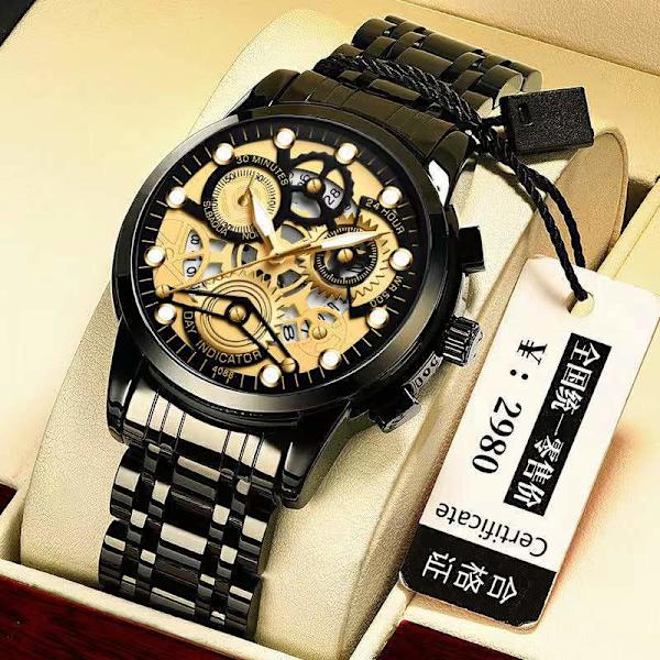 Herrklocka Shopee Hollow Helautomatisk Vattentät Klocka Självlysande Quartzklocka One Piece Gold shell black gold surface