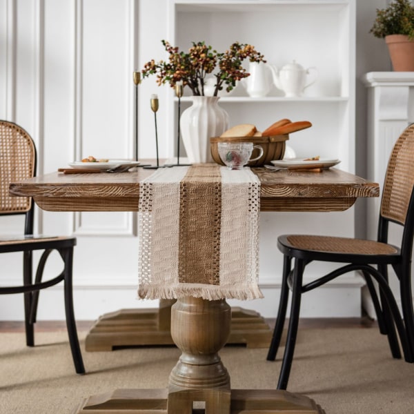Bordslöpare i bomull och linne med sömmar, tvåfärgad vävd tofs, naturmaterial, amerikansk lantlig semesterduk Middle cotton thread 30*240 (including tassels)