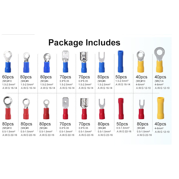 Krympe Spadeterminal Assortert Elektrisk Ledning Kabel Koblingssett Krympe Spade Isolert Ring Gaffel Spade Butt Sett 360PCS
