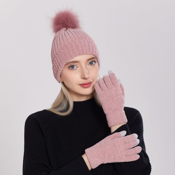 Stickad mössa dam 2023 nya Chenille ull mössa handskar set förtjockad varm fluffig cap höst och vinter Leather pink