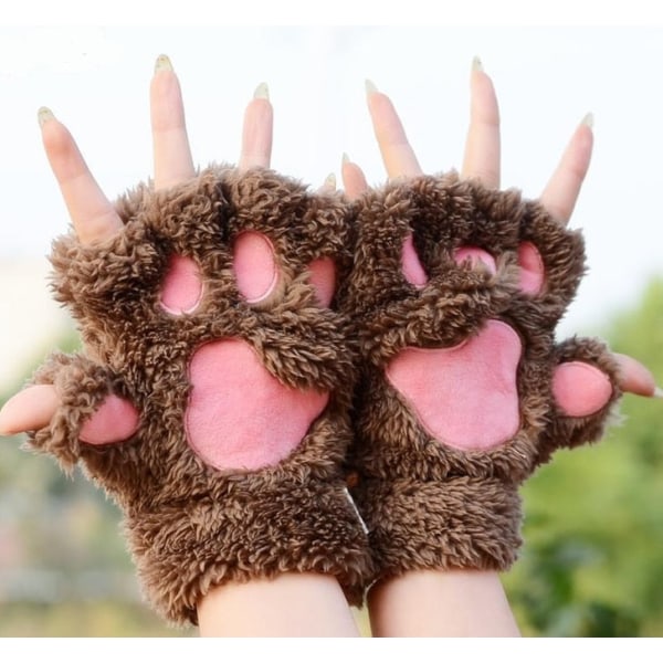 Mjuk Varm Plysch Cat Paw Handskar Fingerless Flip Half Finger Vantar Dam Vinter Söt Cat Paw Fluffig sammetshandske Flickor Studenter Beige One Size