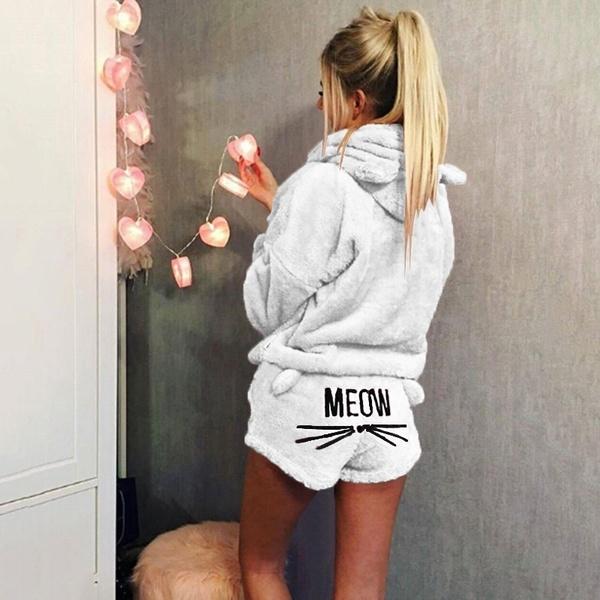 Dammode Vinter Pyjamas Set Söt och Gullig Långärmad Sammet Varm Hoodie och Shorts Mode Hemmakläder Set White XXXXXL