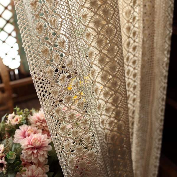 Boho Chic Beige Heklet Strikkegardiner for Soverom Bomull Lin Hul Retro Gårdshus Terrasse Vindusgardiner as picture 1pcs W150xH180 cm