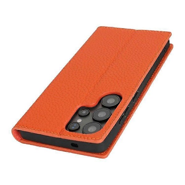 Plånboksfodral i äkta koläder med Litchi-textur för Samsung Galaxy S25 Ultra Orange