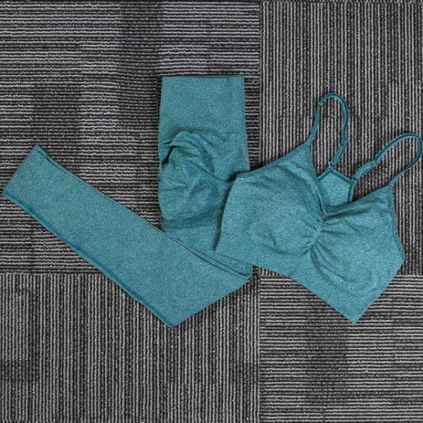 Set Fitness Sportdräkter Gymkläder Toppar och Leggings för kvinnor Bra blue set M