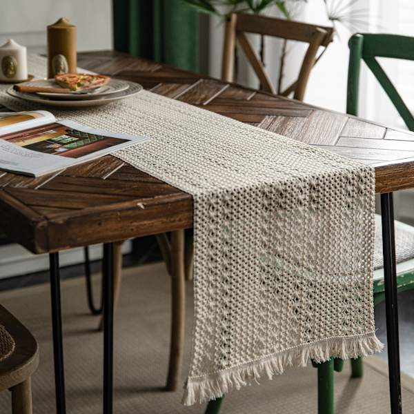 Bordløper i bomull og lin, stripet søm, to-farget vevd dusk, naturlig materiale, amerikansk duk Colorful chenille table runner 30*400 (including tassels)