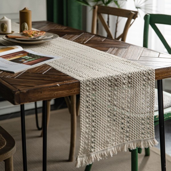 Bordslöpare randiga sömmar i bomull och linne Tvåfärgad vävd tofs Naturmaterial Amerikansk duk Cotton thread on both sides 30*180 (including tassels)