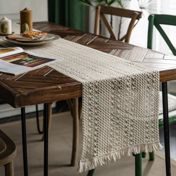 Puuvilla-pellava pöytäliina raidallisella tikkauksella, kaksivärinen kudottu tupsu, luonnonmateriaali, amerikkalainen pöytäliina Colorful chenille table runner 30*400 (including tassels)