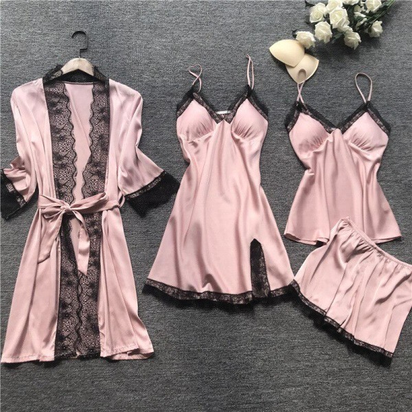 Ny bets Svart Spets Mode Kvinnor Sovkläder med bröstdyna Nattlinne Short Cardigan Set Pyjamas Pink XL