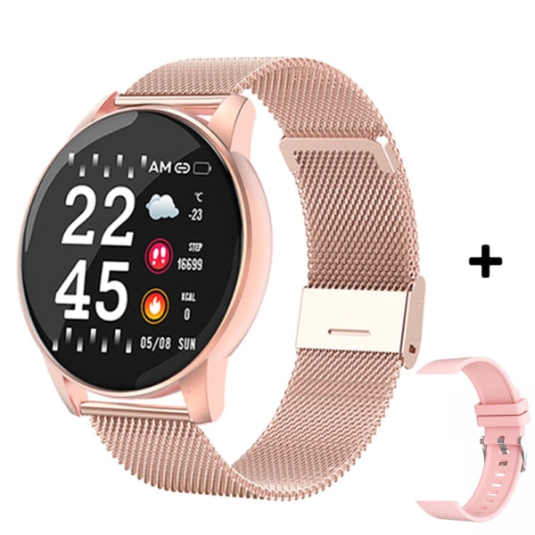 Watch Kvinnor Män Blodtryck Puls Fitness Tracker Watch Sport Rund Smartwatch Smartklocka för Android IOS Gold Steel