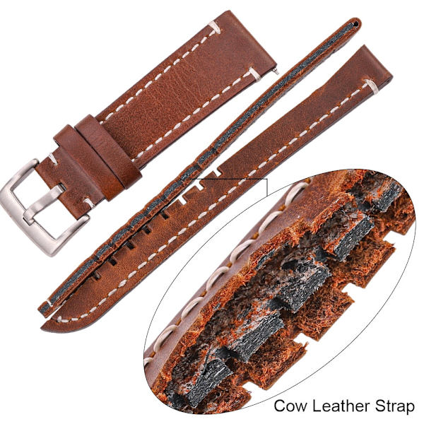 Äkta Läder Klockarmband 18mm 20mm 22mm 24mm Svart Mörkbrun Dam Herr Klockarmbandsrem med Spänne Brown silver clasp 18mm