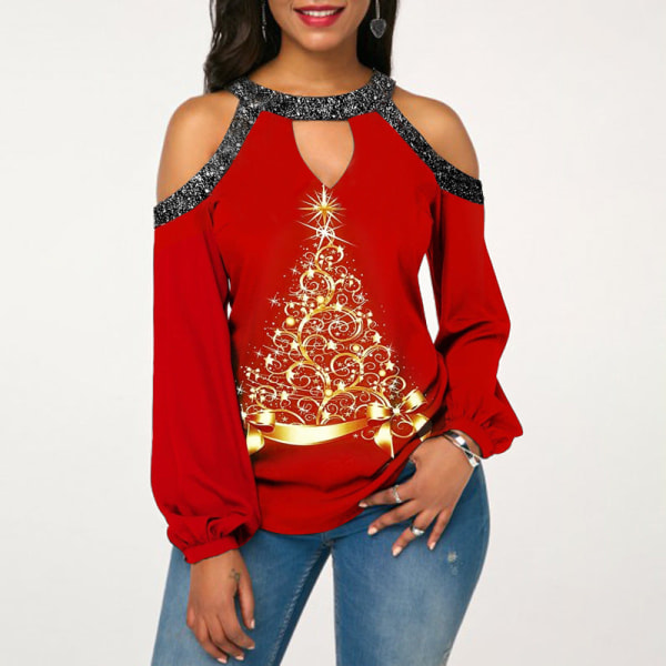 Christmas Outfit Damkläder Bright Crystal Patchwork Cold-Soulder Julkläder Golden Christmas tree 5XL