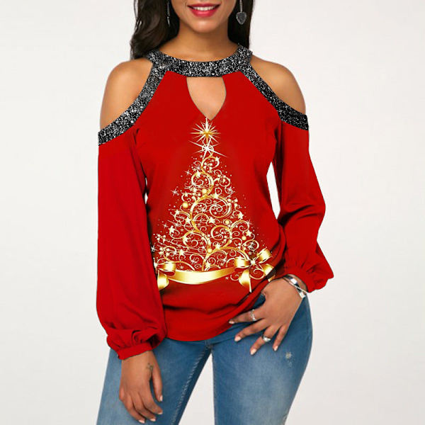 Julkläder Damkläder Ljus Kristall Patchwork Cold-Shoulder Julkläder Snowflake 4XL