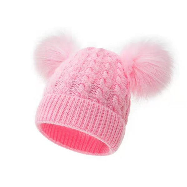Syksyn ja talven pallokierre villapipo neulottu hattu turkispallo hattu lasten paksuuntunut lämmin villahattu villapipo Pink Average size