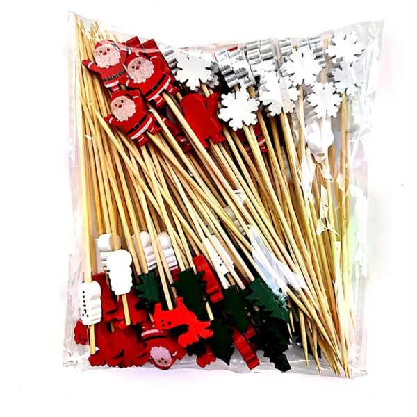 50 st/set Jul Fruktpinnar Engångs Bambupinnar Snöflinga Julgran Älg Jultomte Snögubbe Pinnar Juldekorationer Santa Claus