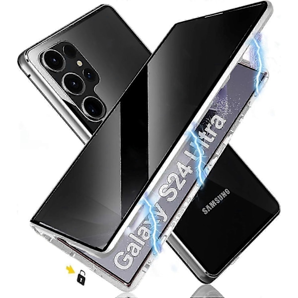 Tietosuojallinen Magneettinen Kotelo Samsung Galaxy S24 Ultra/S24 Plus/S24:lle Turvalukolla, Magneettinen Kaksisivuinen Temperoitu Lasikotelo, Tukee Langatonta Latausta Silver S24 Plus
