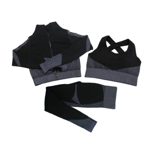 Yogaset Långärmad skjorta+sport-bh+sömlösa leggings Träning Löpkläder Gymkläder 3pcs  Black Suits S