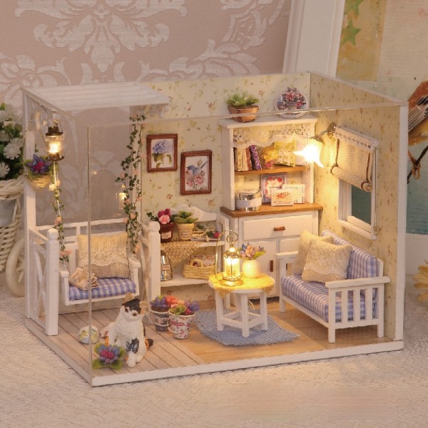 Dollhouse Miniatyr DIY House Kit med lock och LED-lampa Cat Diary Default Title