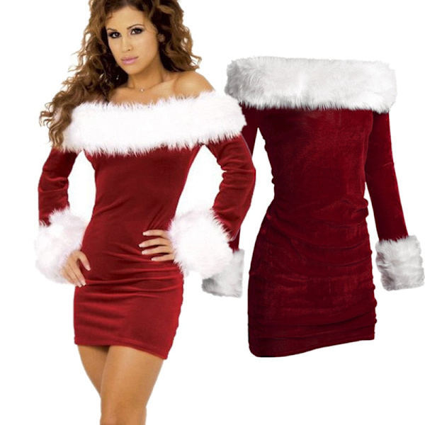 Dame Sexy Slim Fit Stroppløs Jule Mini Kjole Rød Fløyel Hvit Pels Julekostymer Voksen Julenisse Cosplay Kostyme Red