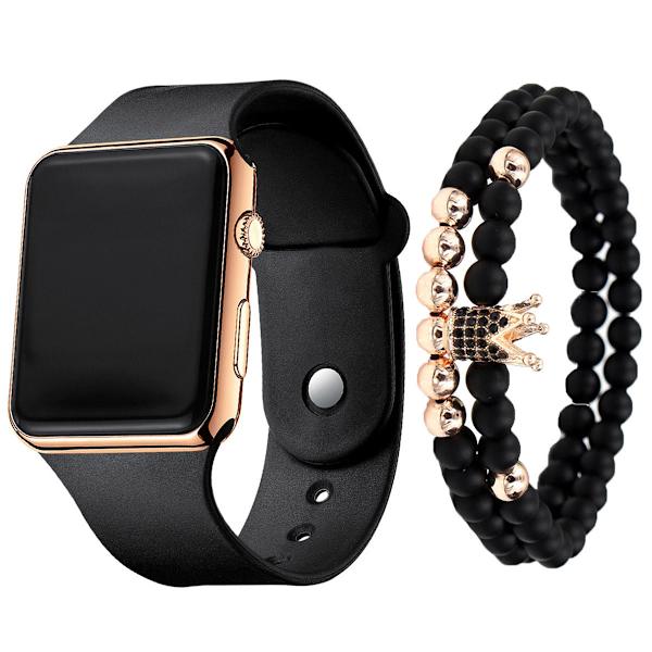 3 st/set Herr Mode Enkel LED Silikon Elektronisk Klocka Armband Set Rose gold shell White Belt