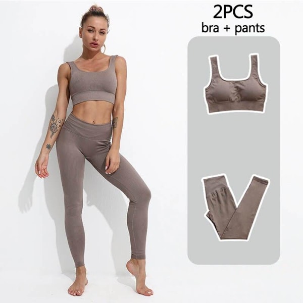 Yoga Set Träningskläder Toppar Och Leggings Sportdräkter För Kvinnor BraPants Khaki S
