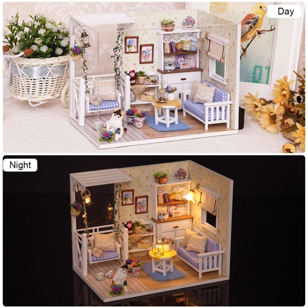 Cutebee DIY Dukkehus Sæt Med Møbler LED Lys DIY Miniatur Bygning Lille Hus Trælegetøj til Børn Voksne As  photo H18B