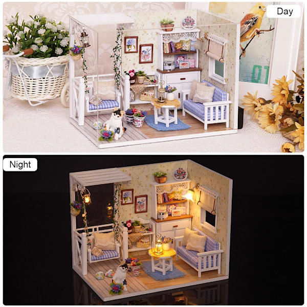 Cutebee DIY Dukkehussett Med Møbler LED-Lys DIY Miniatyr Byggesett Lite Hus Treleker for Barn Voksen As  photo QT37B