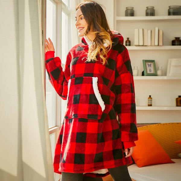 Dame Teppe Genser Kåpe Vinter Hettegensere Utendørs Hettejakker Varm Komfort Morgenkåpe Jule Fleece Teppe Sudadera Mujer 848 plaid One Size