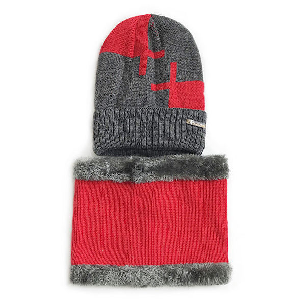 Vinter Fleecefodrad Förtjockad Geometrisk Stickad Varm Pullover Mössa Cykling Trend Halsduk Tvådelad Set Ullhatt för Män Black