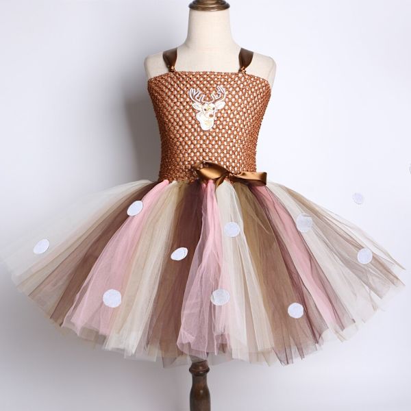 Rådjurs Tutu Klänning för Flickor Halloween Jul Kostym Barn Djur Älg Ren Cosplay Födelsedagsfest Klänning Med Hårband 1-12 År Only 1pcs Dress