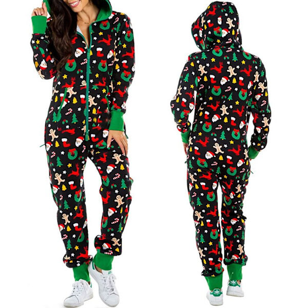 Jul-pyjamas i ett stycke för damer med huva, tomtemönster, mysiga vuxenoveraller, festliga hemmakläder Grid L