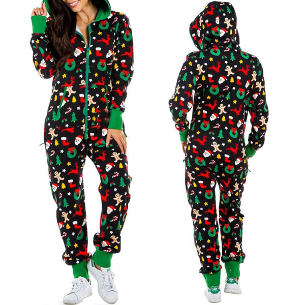 Julepysjamas i ett stykke for kvinner med hette, Santa-mønster, koselige jumpsuiter for voksne, festlig hjemmeklær Grid XL
