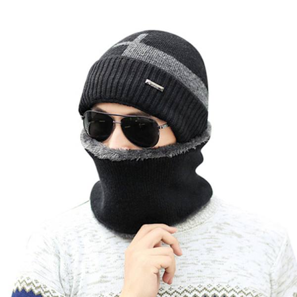 Vinter Fleecefodrad Förtjockad Geometrisk Stickad Varm Pullover Mössa Cykling Trend Halsduk Tvådelad Set Ullhatt för Män Gray