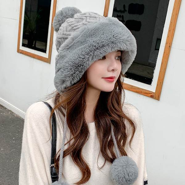 Hue Cap Fleece-foret Fortykkede Pelskugle Ensfarvet Pels Strikkede Øreklapper Varm Hue Gray Average size