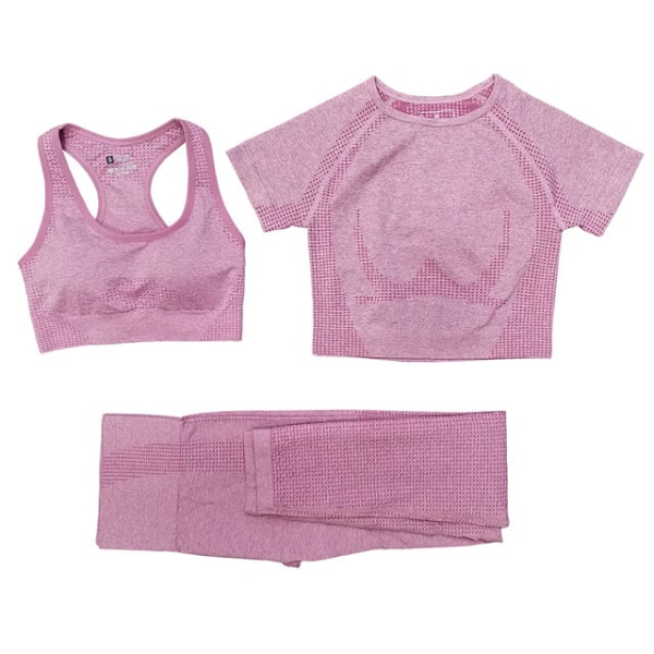 Yoga Sæt Trænings T-shirts Sportsbukser BH Gym Tøj Shorts Til Kvinder 3pcs ShortPink S