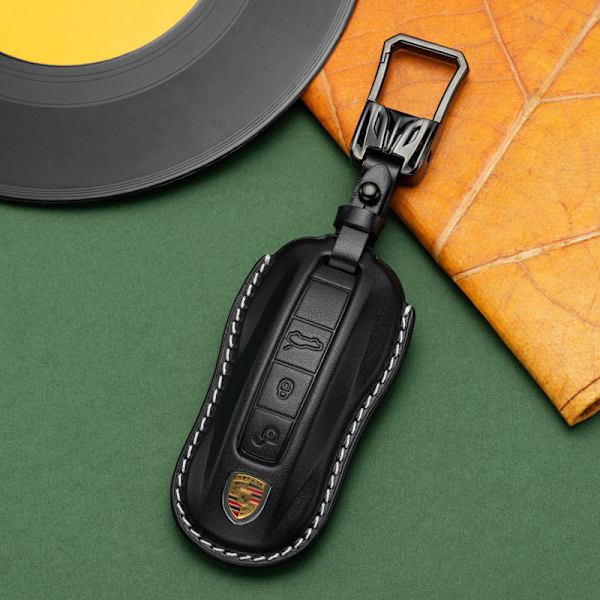 För Porsche Cayenne Taycan Nyckelskydd Panamera Macan718/911 Bilnyckel Skyddsskal Äkta Läder Väska Brown leather hanging buckle