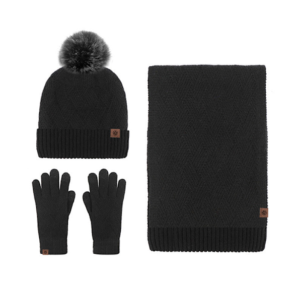 Hattu Huivi Käsineet Kolmiosainen Setti Kylmänkestävä Turkistupsu Fleecevuorattu Neulesetti Army green three-piece set