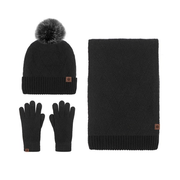 Hattu Huivi Käsineet Kolmiosainen Setti Kylmänkestävä Turkistupsu Fleecevuorattu Neulesetti Wine red three-piece set