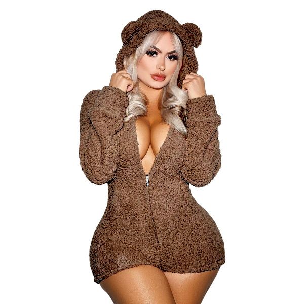 Vinter Teddy Öra Söt Sovkläder Onesies Kvinnor Sexiga Damer Plysch Förtjockad Kawaii Hooded Pyjamas Hemmakläder Varm Jumpsuit Nattlinne Camel M