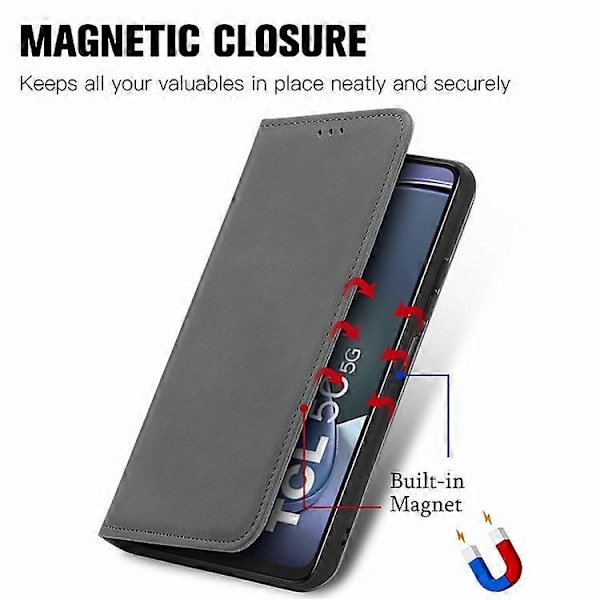 Kompatibelt Skal för TCL 50 5G, Läder med Kortfack, Magnetisk Stängning Grey