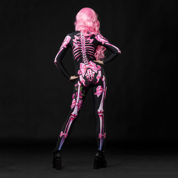 Halloween kostymer för kvinnor Jumpsuit Sexig skalle Skrämmande kostym Vuxen Barn Mor Dotter Skelett Cosplay Bodysuit med rosa print Girl 130-140cm height