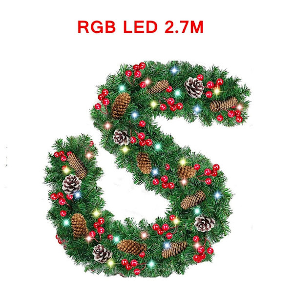2,7 m Jul LED Girlang Dekoration Krans LED Rottinggirlang Dekorativ Grön Jul Konstgjord Julgran Rotting Banner Pinecone RGB LED