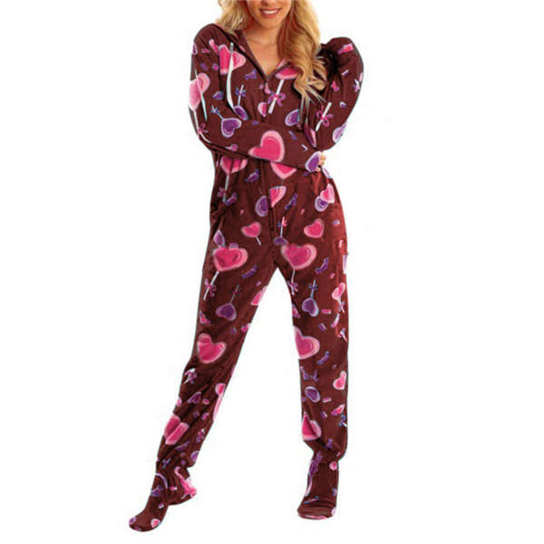 Dam Vår Höst Jumpsuit med Huva Tryck Varm Långärmad Ledig Lös Romper Dam Hem Pyjamas Pink S