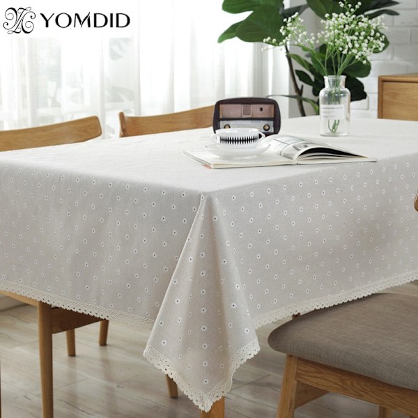 Bordsduk med prästkrageblommönster, linne och bomull, spetskant, rektangulär bordsduk för hem, hotell, textil White 140x200cm