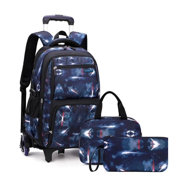 Med Lunchlåda Skolväskor Rullande ryggsäck för pojkar Rullväska Bärväska Barnbagage Primary Junior High School Bag 6 wheels  star black