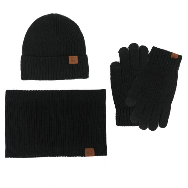 Vinterhue, halstørklæde og handsker, tre-delt sæt, fleeceforet, touch screen, udendørs kuldebeskyttelse, tyk strik Black three-piece set