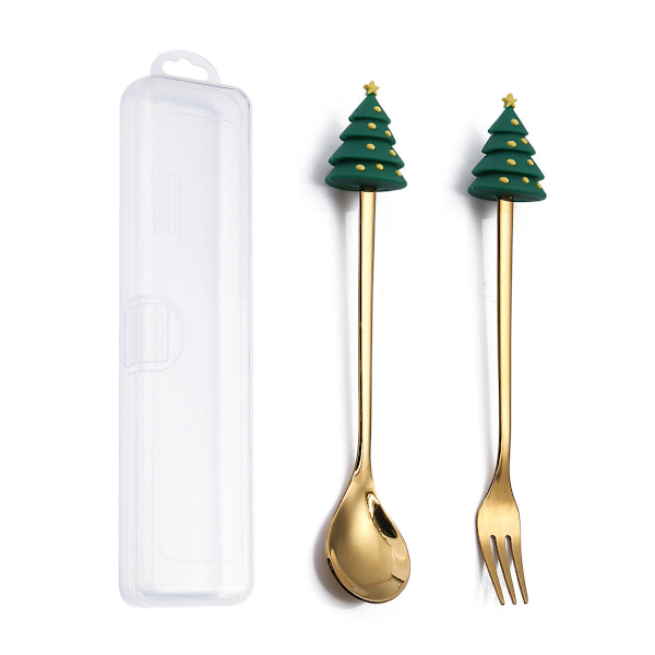Q Juldessert Gaffel-Sked Set Söt Docka Dessertsked Tecknad Bordsartiklar Fruktgaffel Portabel Kaffesked Rocket gold spoon Fork storage box