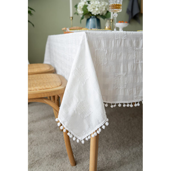 Bordduk Fransk Romantisk Bomull Lin Klippet Hvit Pelsball Rektangulær Bordduk Yellow cut flower white ball 140X220CM